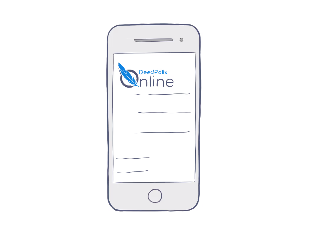 Grey, white and black line illustration of a modern mobile phone with the Deed Polls Online website loaded - Apple Online