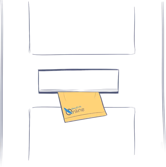 Illustration of a front door with a Deed Polls Online Evelope containing Deed Polls pushed through the letterbox - You Receive Everything by Post