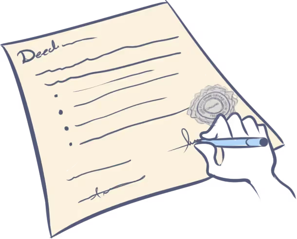 Illustration of a cream / beige Deed Poll document that is being signed / witnessed / executed by a hand using a black in pen - Witness (execute) your Deed Poll(s)