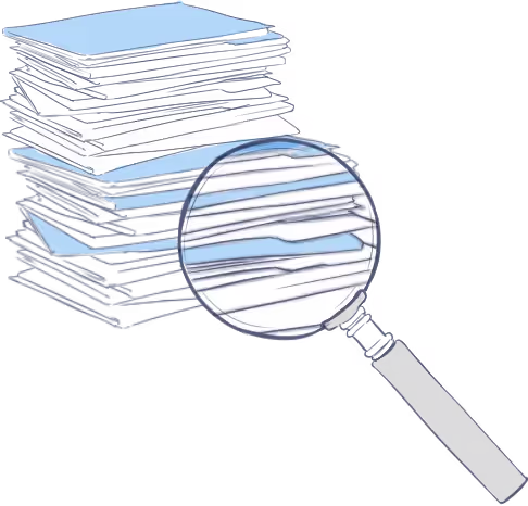 Stack of documents with a magnifying glass highlighting a section of the papers.