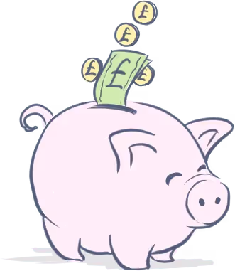 Illustration of a Piggy bank in pink with British currency / notes going into it, showing that they will save money with our Deed Poll services - How much does it cost to change your name by Deed Poll in the UK?