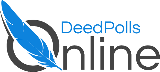 A logo with a large blue quill going through a Large O in the word Online, with blue text saying Deed Polls above it - Deed Polls Online Logo