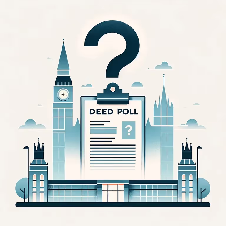 Illustration of a clipboard labeled 'Deed Poll' with a large question mark above it, set against a cityscape featuring iconic clock and cathedral towers.