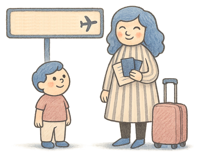 A drawing of a mother and a small boy at an airport gate with two passports and a letter