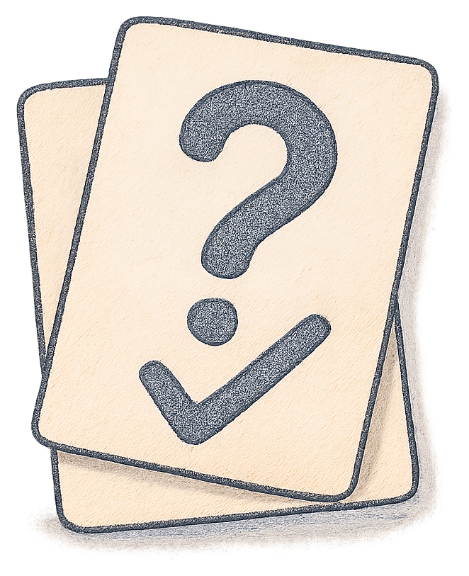 A stack of cards with a question mark and a tick