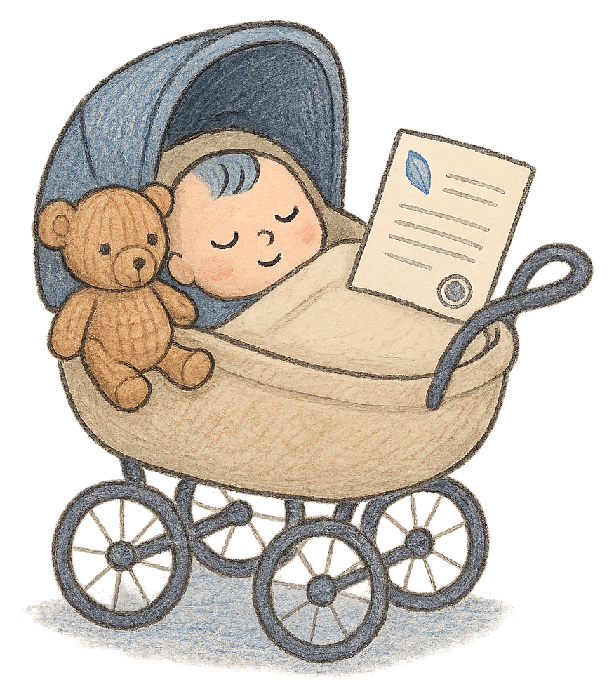 A drawing of a baby asleep in a pram with a small deed poll tucked beside