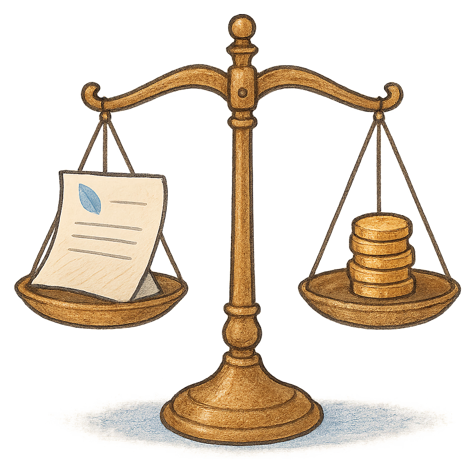 A drawing of a pair of balance scales weighing a folded deed poll against a small stack of coins