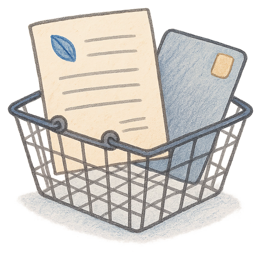 A drawing of a shopping basket holding a deed poll and a bank card