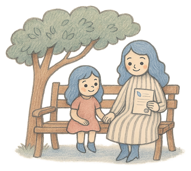 A drawing of a mother and a small girl sitting on a bench under a tree
