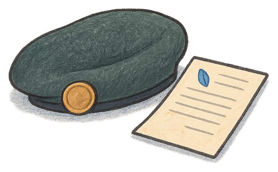 A drawing of a folded beret beside a folded deed poll