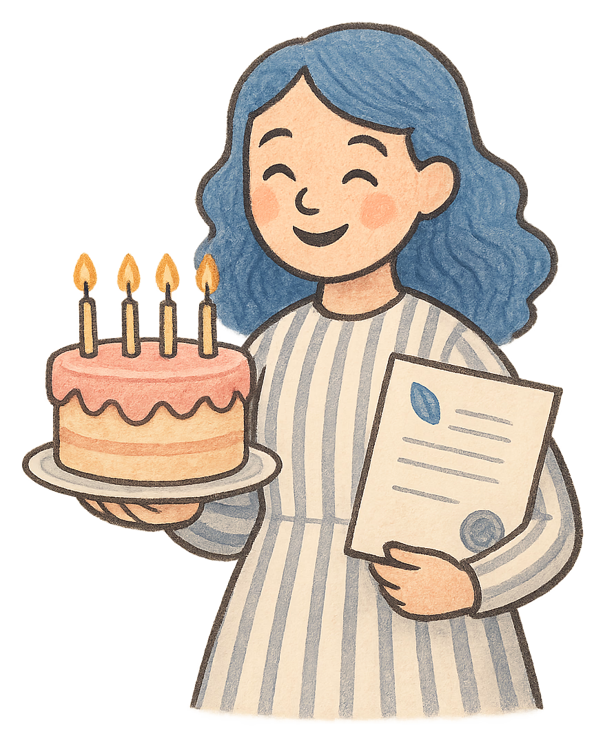 A drawing of a young woman holding a birthday cake with a deed poll under her arm