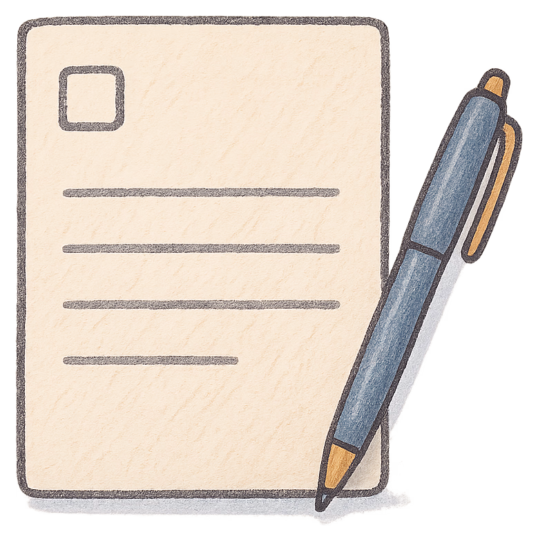 A drawing of a document with an empty box in its corner and a pen