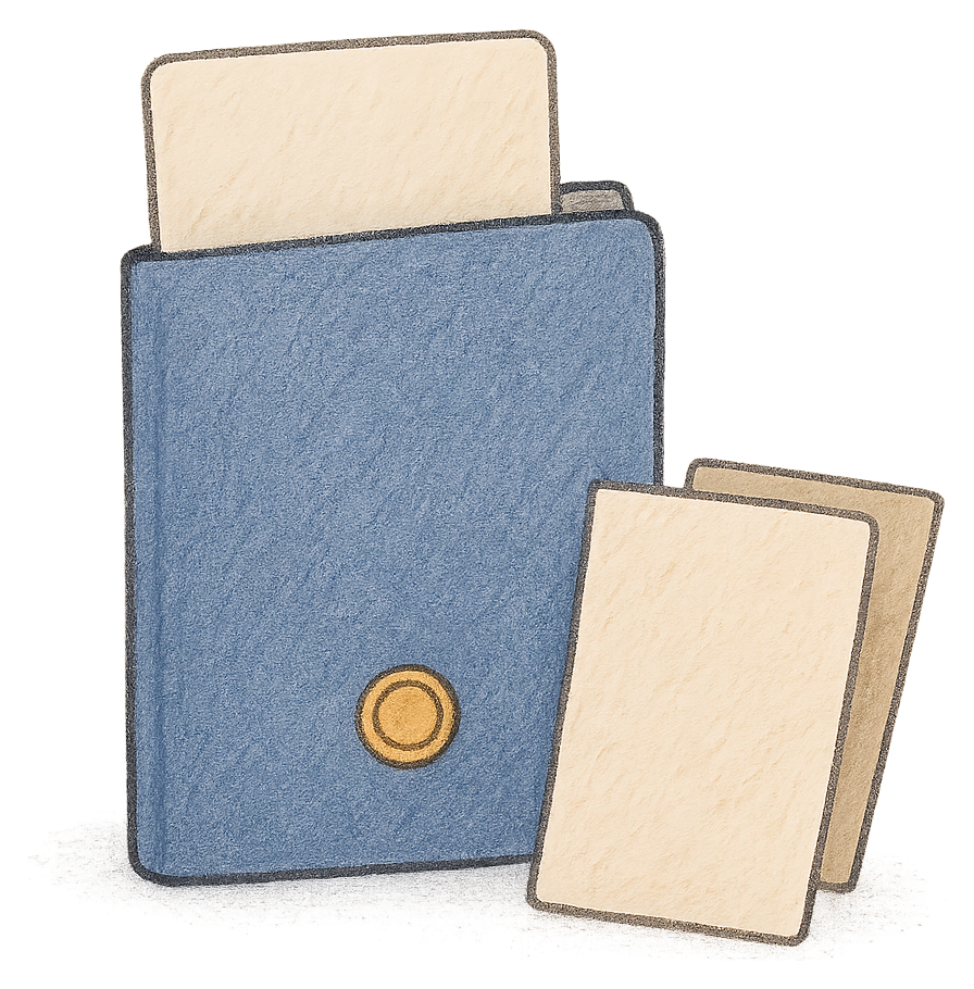 A drawing of a blank boarding pass in a travel booklet beside a folded deed poll