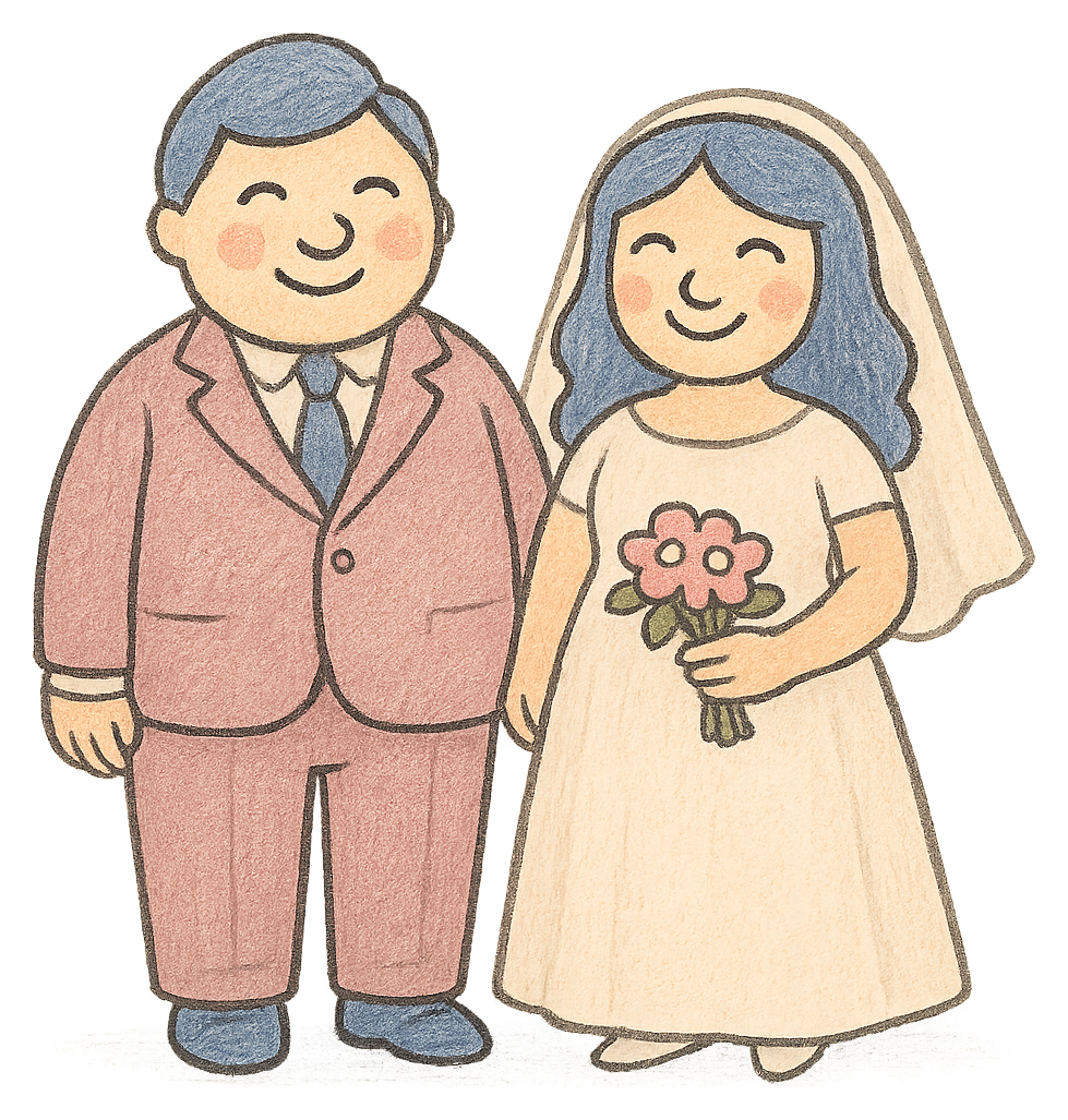 A drawing of a woman in a simple wedding dress holding a bouquet and a passport, a man beside her