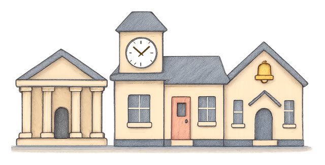 A row of small buildings: a bank, a town hall, a post office and a school