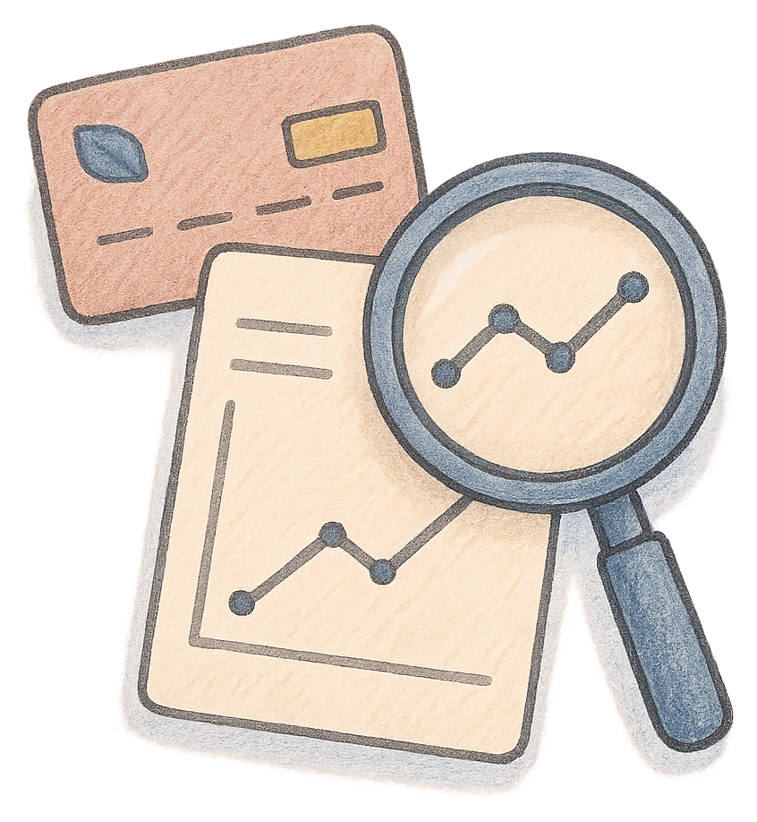 A drawing of a bank card and a magnifying glass on a printed report