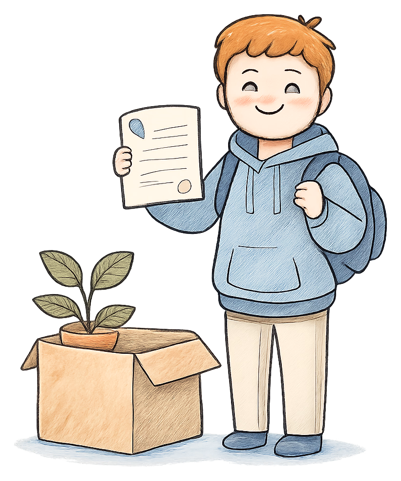 A drawing of a young person with a rucksack beside a moving box, holding up a deed poll and smiling
