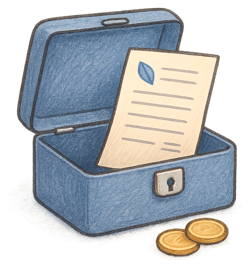 A drawing of an open cash box with a folded deed poll inside