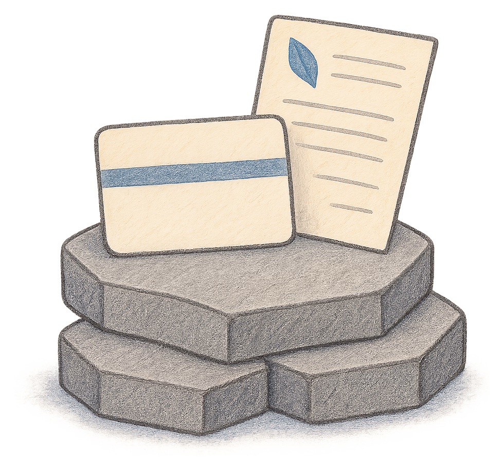 A drawing of hexagonal stepping stones with a bank card and a deed poll on top