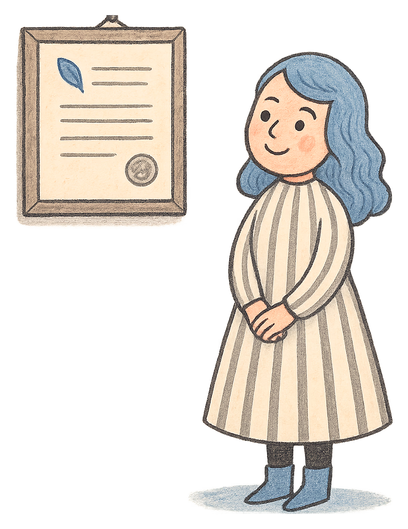 A drawing of a woman looking up at a deed poll pinned to a wall like a certificate