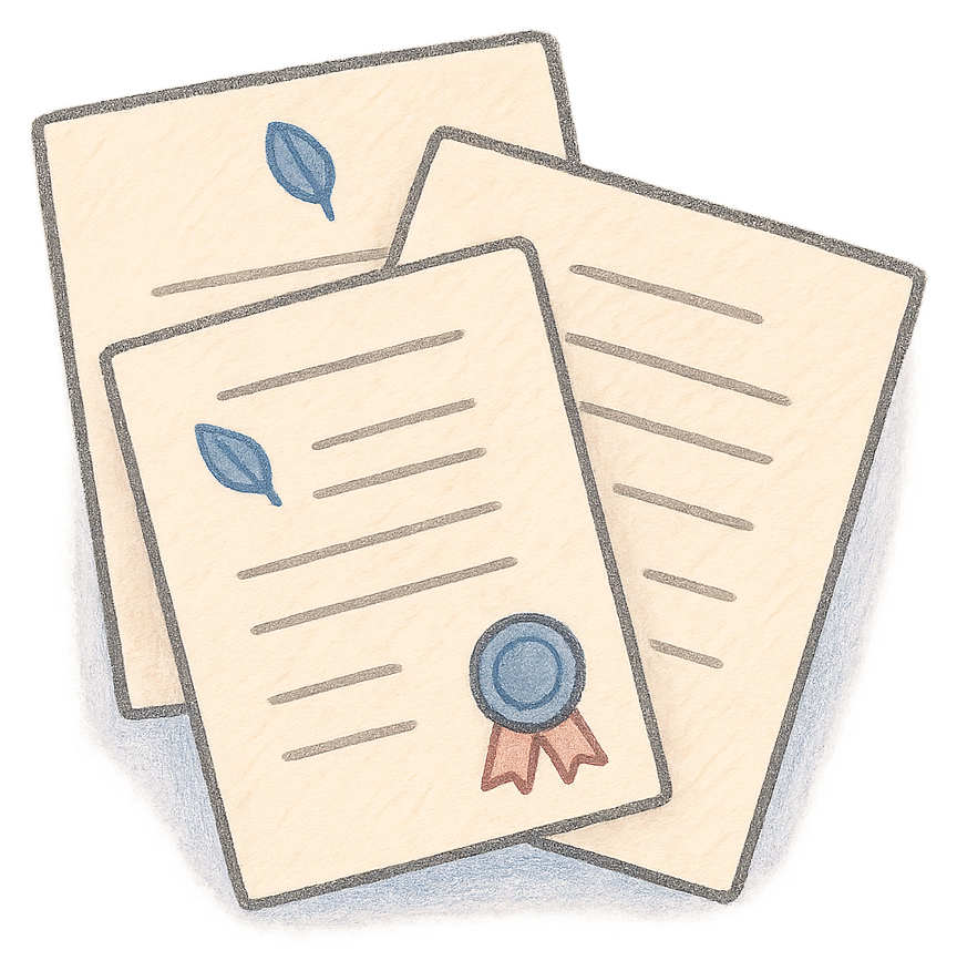 A drawing of a degree certificate with a ribbon and an exam certificate side by side, a deed poll on top
