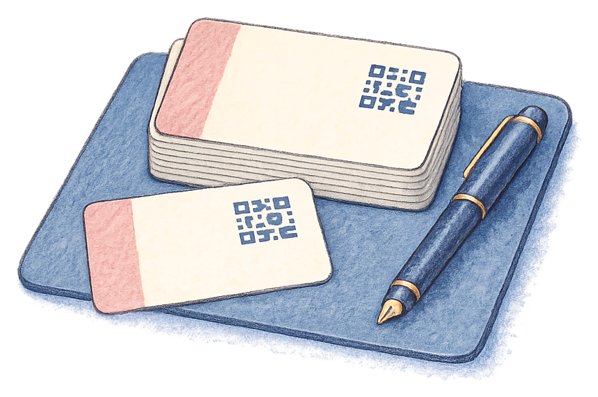 A small stack of business cards with a QR code on a desk, beside a pen