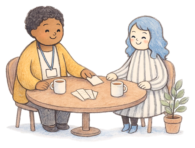 A support worker and a visitor talking at a table, with leaflets and a small card between them