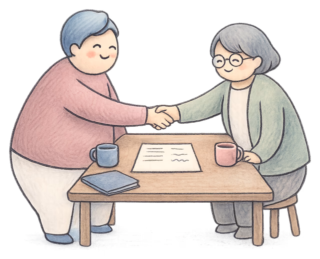 A drawing of two people shaking hands across a small table over a signed sheet of paper, with a folder and two mugs beside it