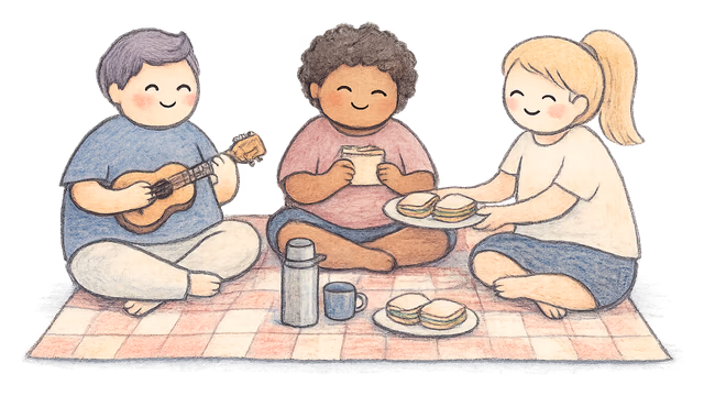 A drawing of a small group of adults laughing together on yoga mats in a bright community hall