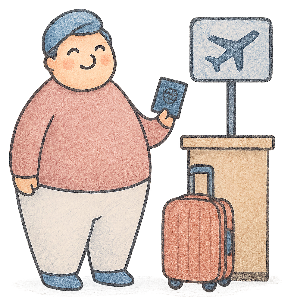 A drawing of a man at an airport check-in desk holding a passport, a suitcase beside him