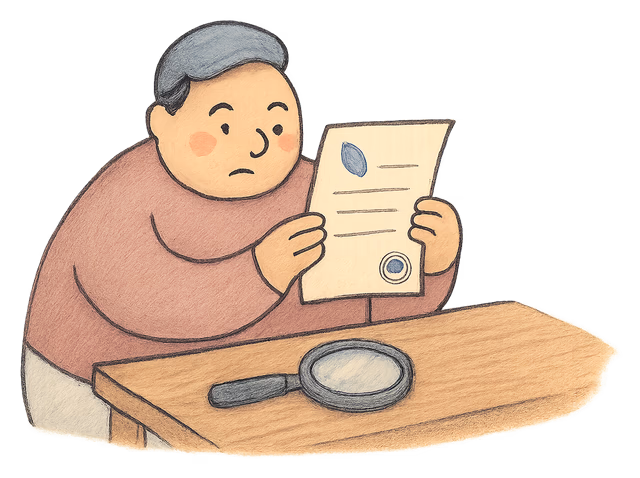 A drawing of a person at a desk reading a document