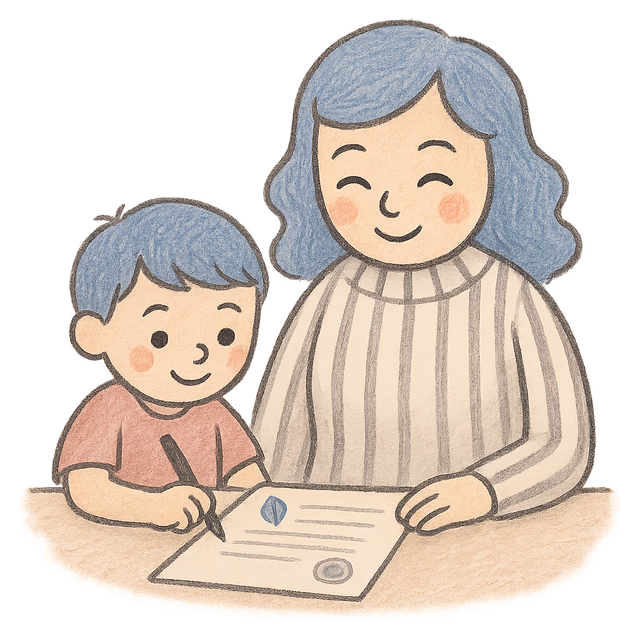 A drawing of a child holding a pen beside a parent, both looking at a deed poll