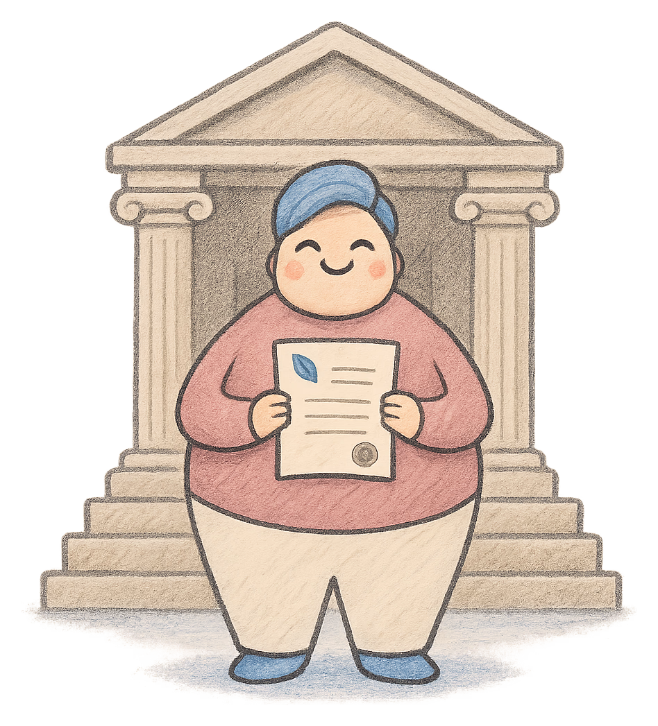 A drawing of a man holding up a deed poll at the foot of the steps of a public building