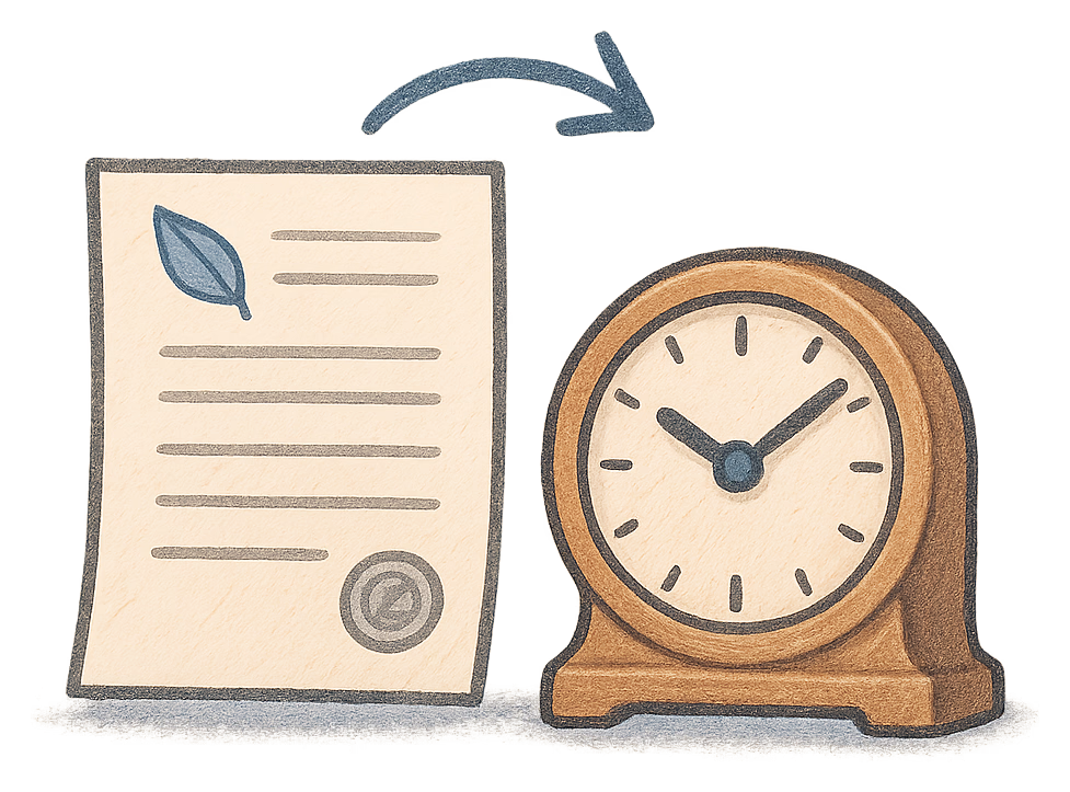 A drawing of a deed poll beside a clock with its hands turning backwards
