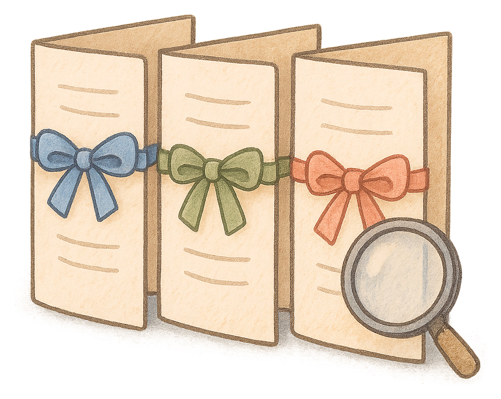 A drawing of three folded deed polls side by side, each tied with a different coloured ribbon, with a magnifying glass
