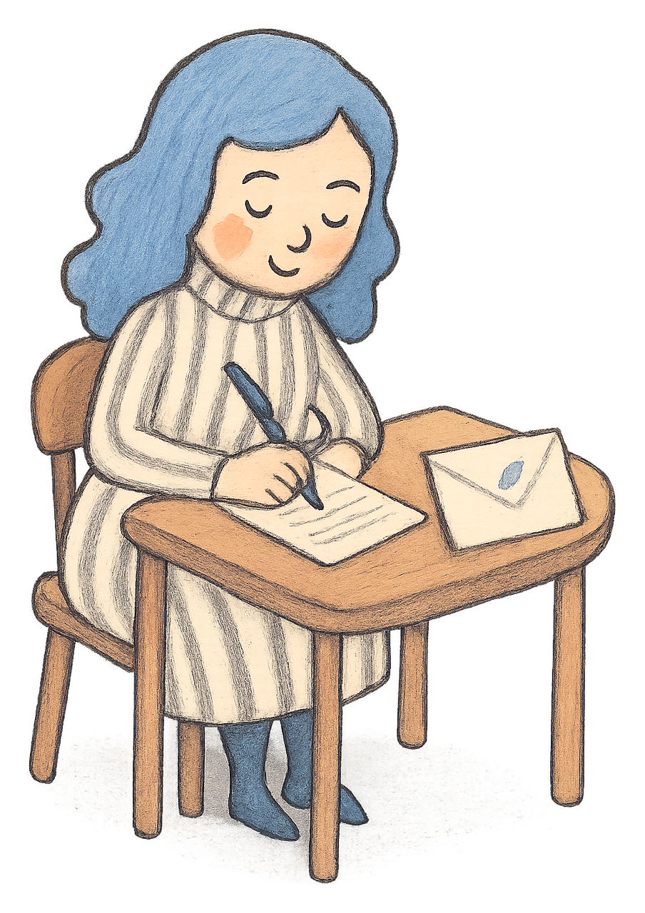 A drawing of the woman writing a letter at a desk