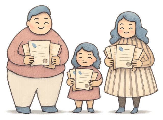 A drawing of a family holding certified copies of a deed poll