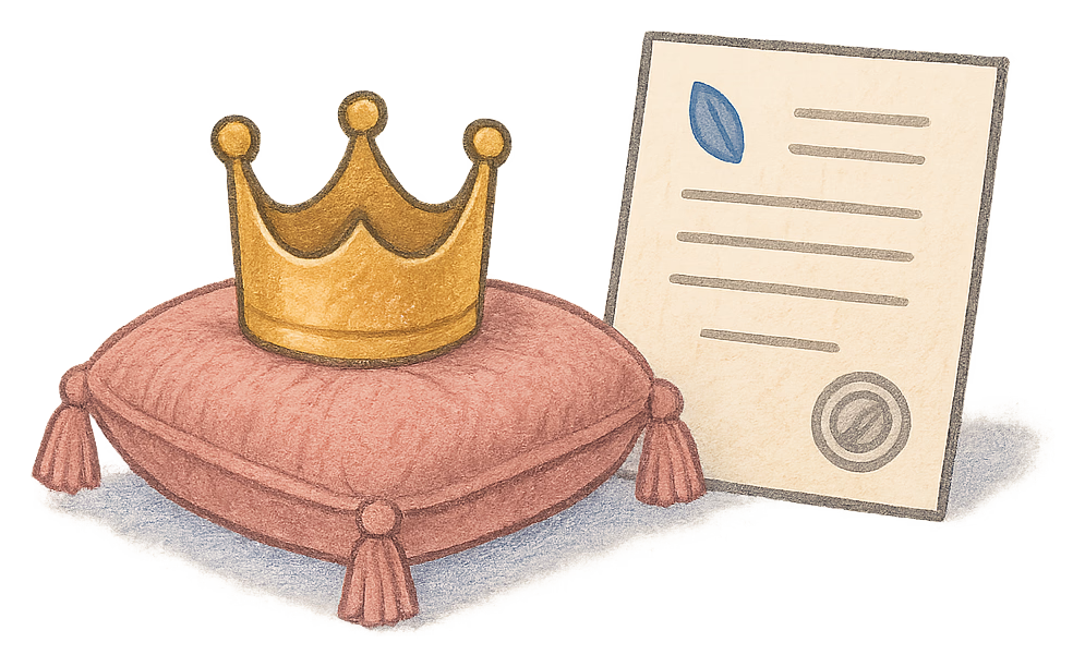 A drawing of a small gold coronet on a velvet cushion beside a deed poll