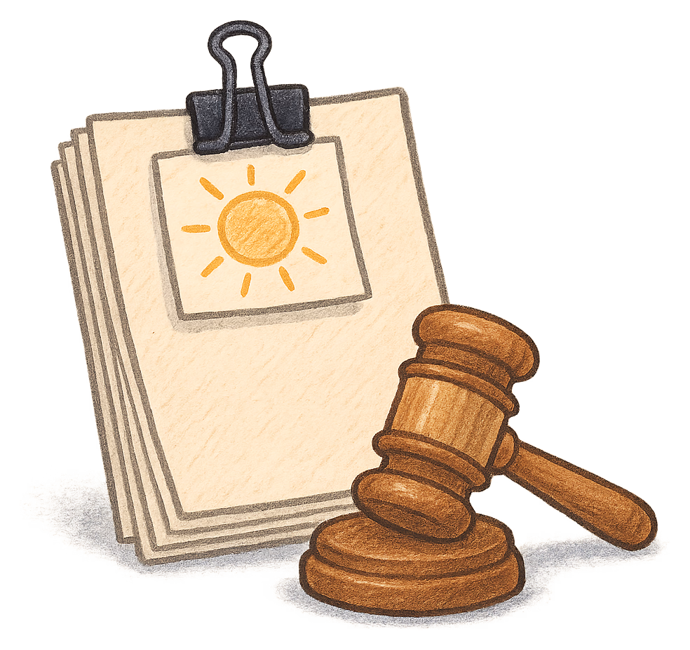 A drawing of a clipped bundle of papers beside a gavel with a child's sun drawing