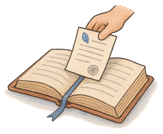 A drawing of a deed poll being slid into a large court register