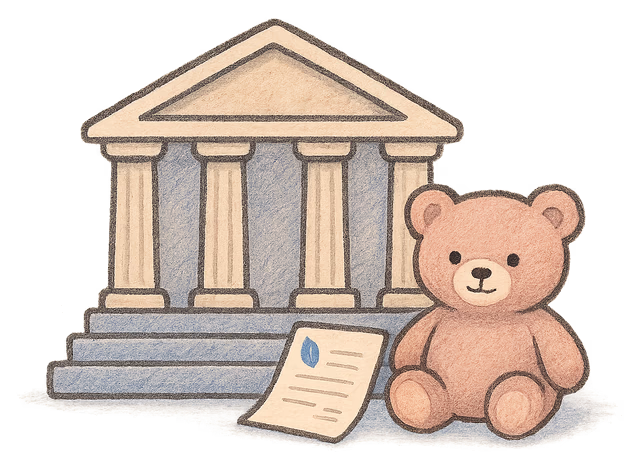 A drawing of a small court building with a teddy bear and a document on its steps