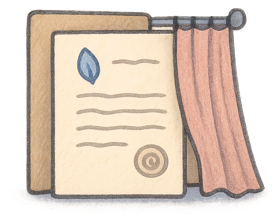 A drawing of a deed poll in a folder, a small curtain drawn half across it