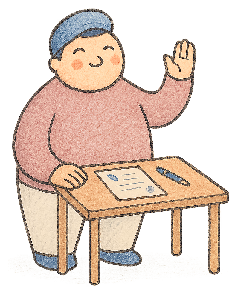 A drawing of a man raising his right hand to make a declaration, a document on the desk