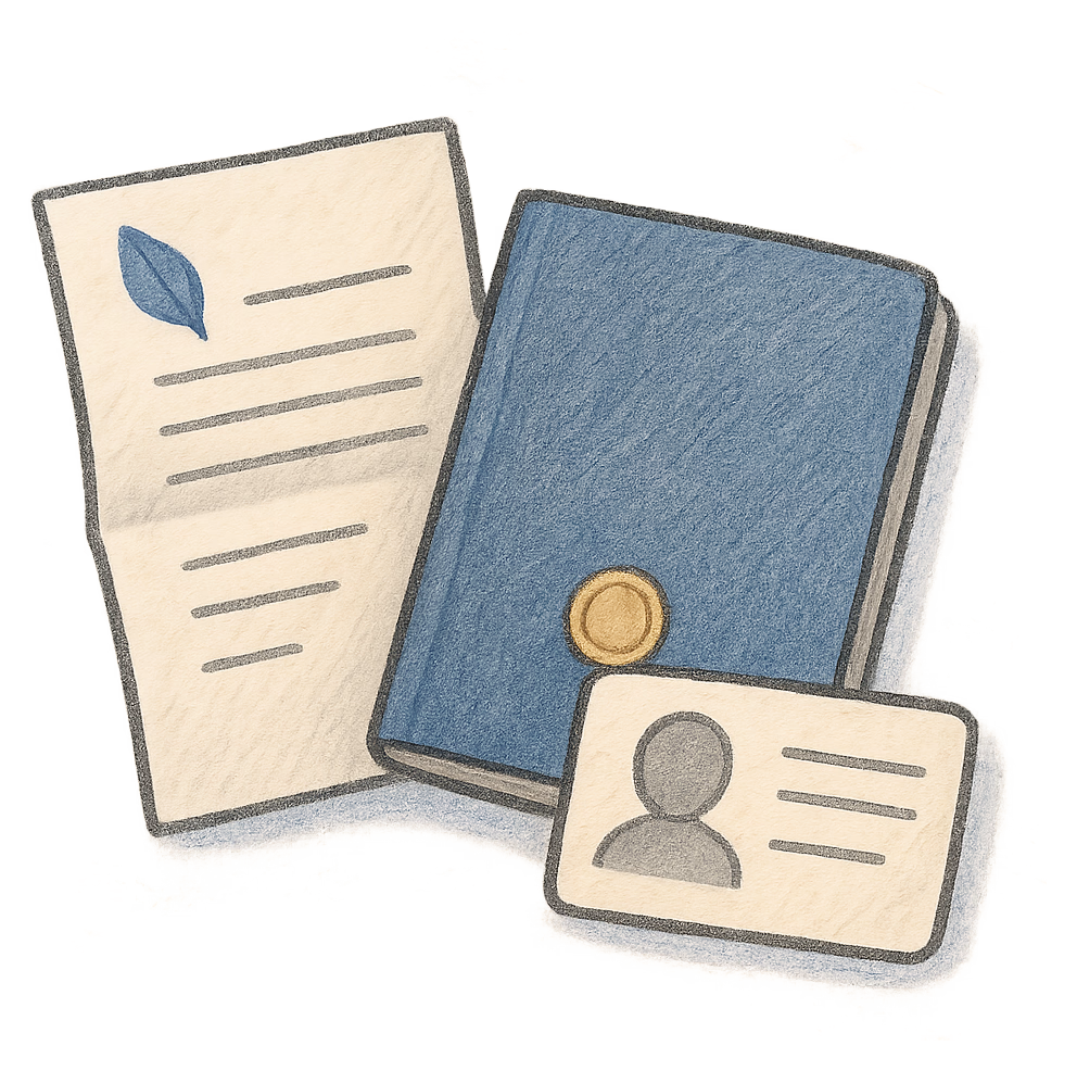 A drawing of a deed poll beside a passport and a photocard