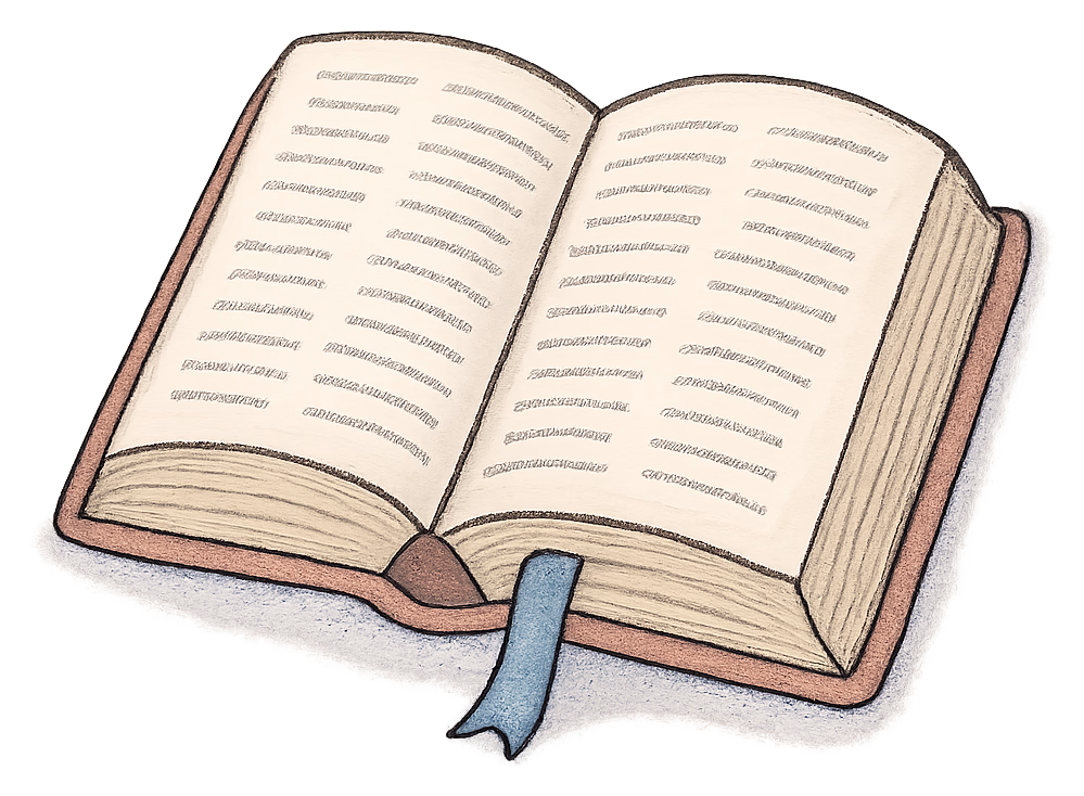 An open dictionary with a ribbon bookmark