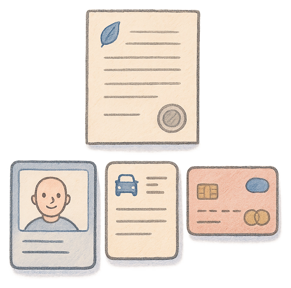 A drawing of a passport, a driving licence and a bank card in a row under a deed poll