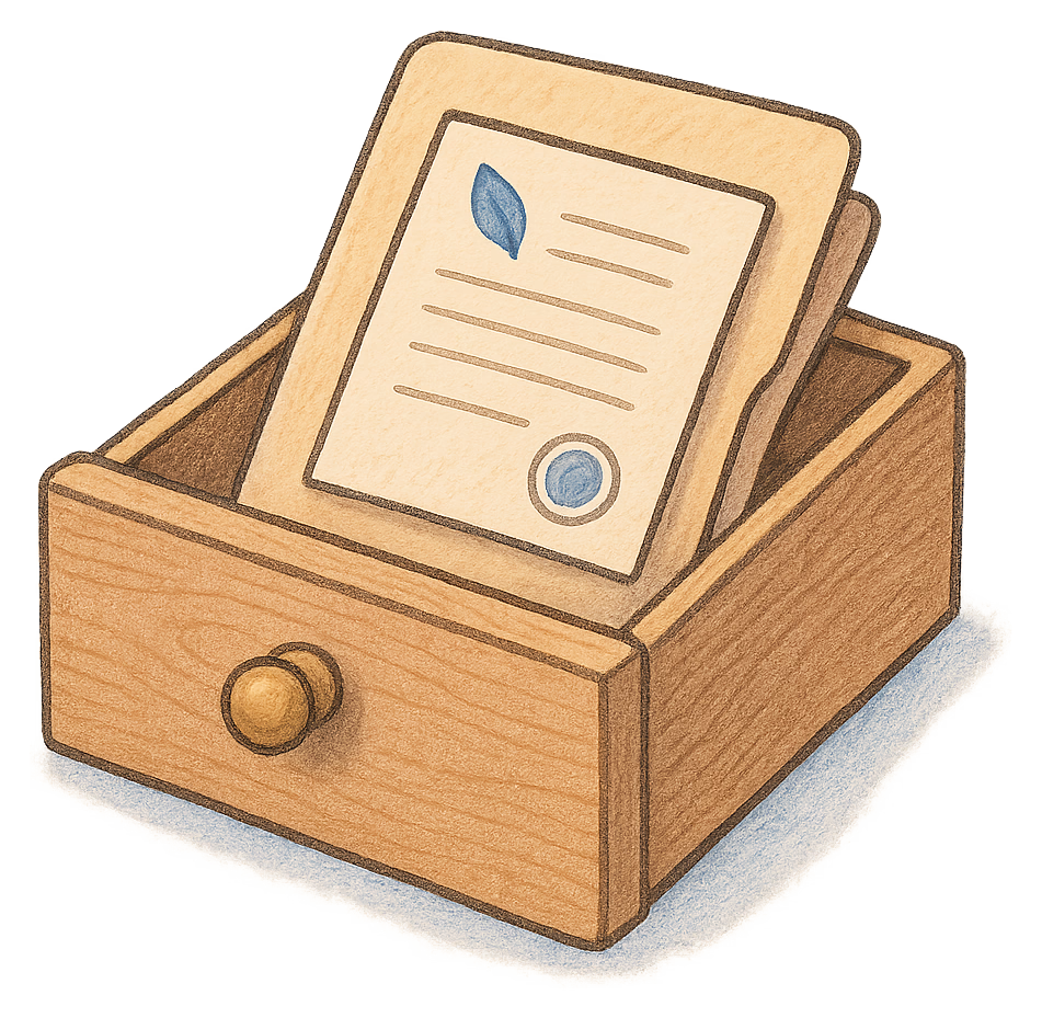 A drawing of a deed poll tucked into a folder in an open drawer