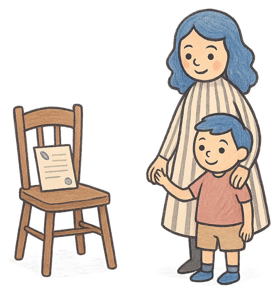 A drawing of a mother and a small boy looking at an empty chair with a deed poll on it