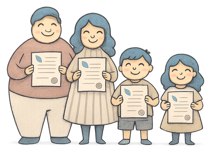 A drawing of a family of four, each holding their own deed poll