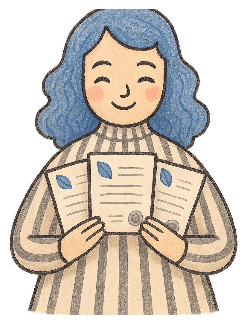 A drawing of a woman holding three deed polls fanned out like playing cards